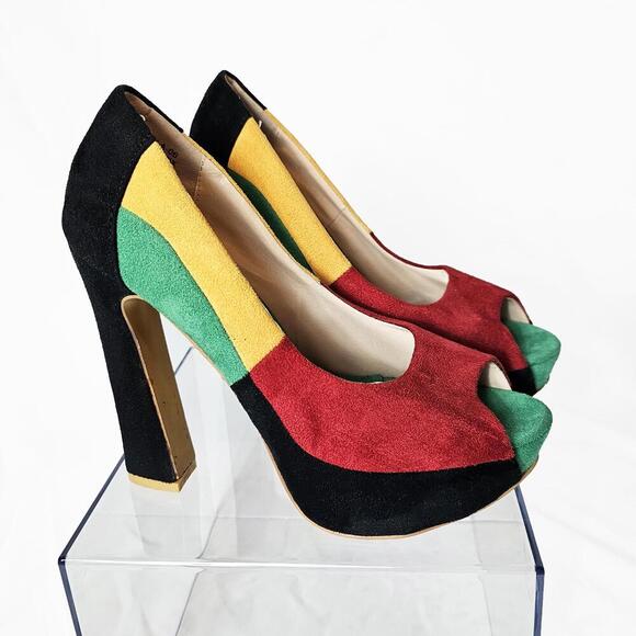 Women's 90's Y2K Reggae Colors Faux Suede Peep Toe Platform Heels Size 6 - Picture 1 of 6